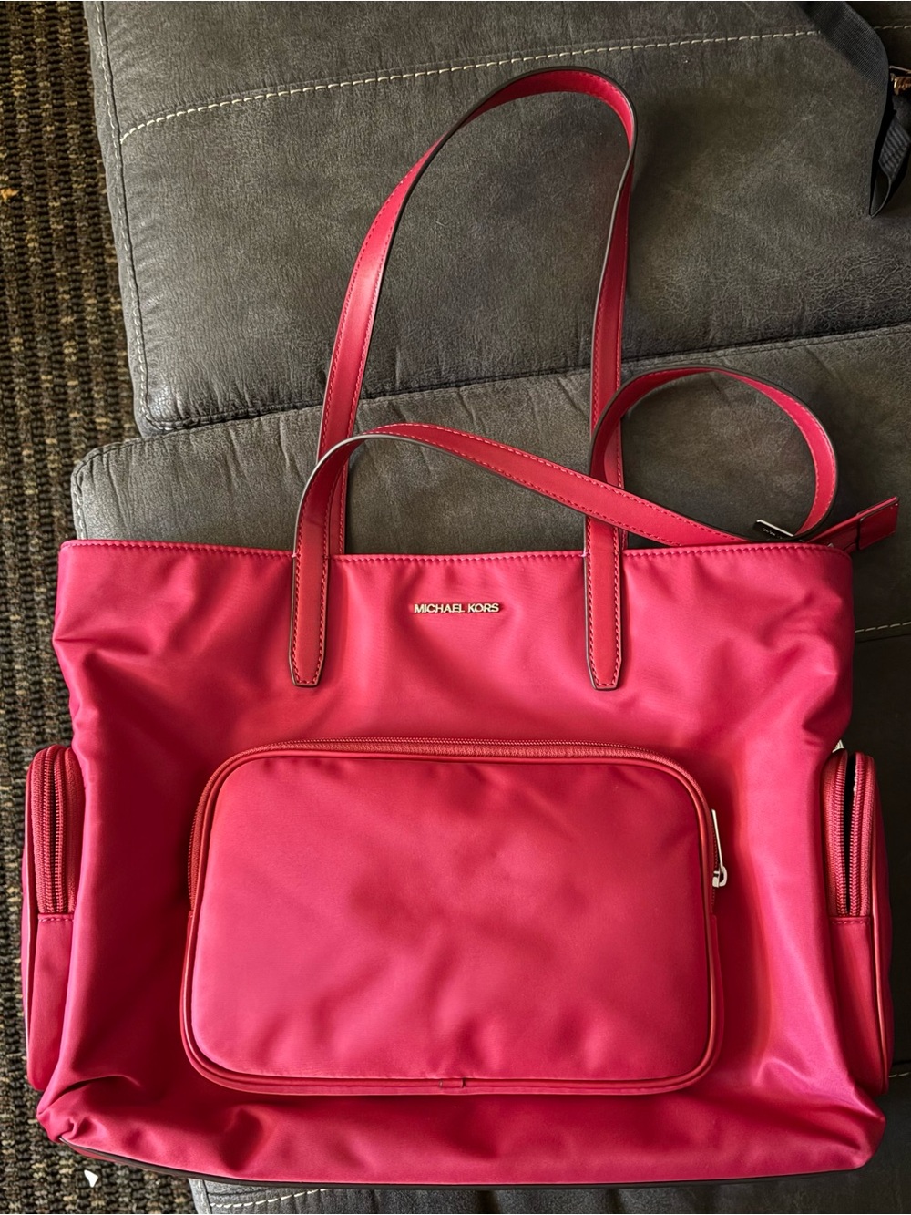 Michael Kors Bright Red Tote with Front Zip Pocket and Side Pockets